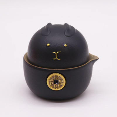Zestaw do herbaty Kot Szczęścia czarny - ceramiczny, podróżny