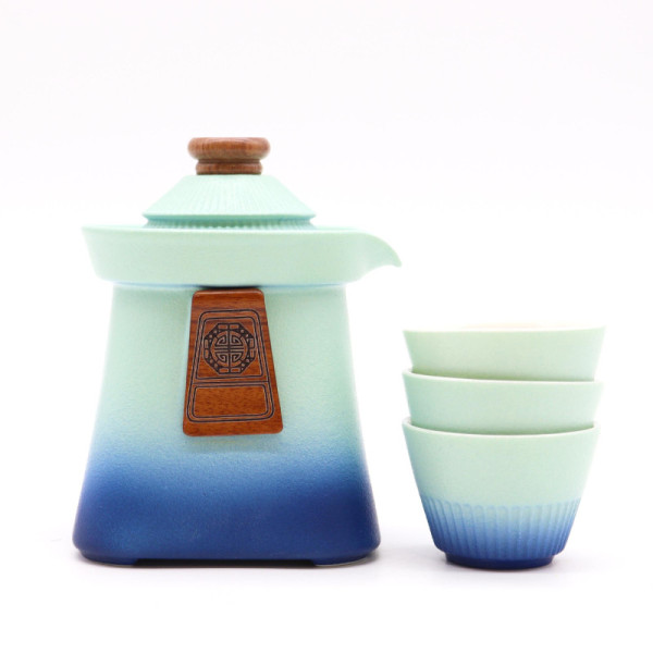 Orientalny zestaw do parzenia herbaty + 3 kubeczki, etui (niebieski), 0,33 l
