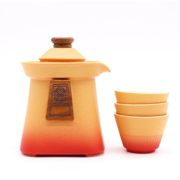 Orientalny zestaw do parzenia herbaty + 3 kubeczki, etui,(pomarańczowy), 0,33 l