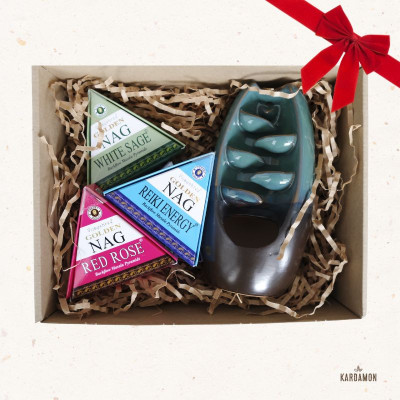 Zestaw prezentowy 3 - kominek backflow i kadzidełka stożkowe backflow Golden Nag