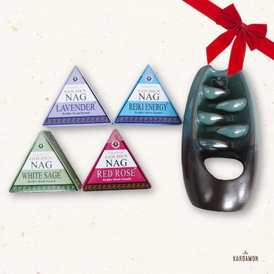 Zestaw prezentowy 3 - kominek backflow i kadzidełka stożkowe backflow Golden Nag